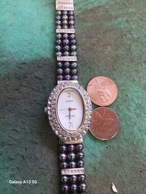 Croton Black Pearl Bead Bracelet Watch with Crystal Accents 6 3/4 Inch Wrist